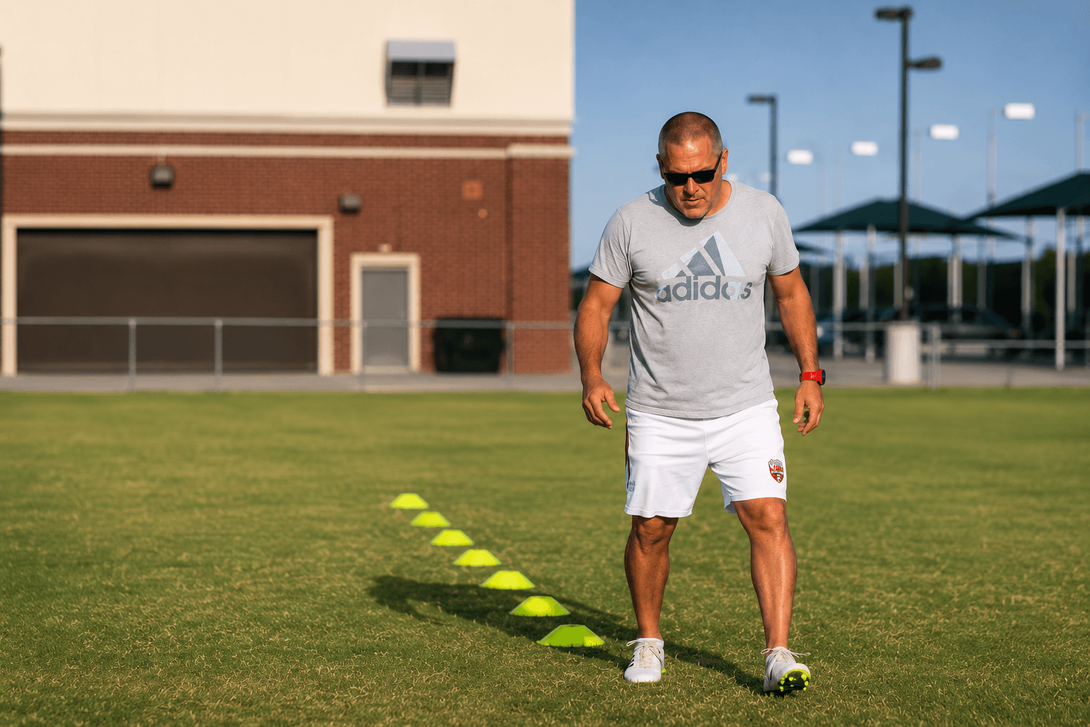 Farid Hadj-Hamou running a soccer training session on an outdoor field